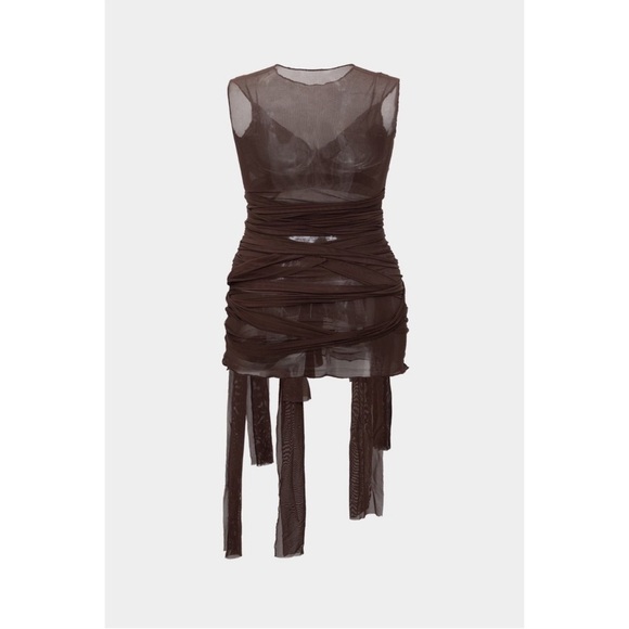 Micas Sheer Mesh Wrap Tie Ribbon Mini Dress BROWN Size XL - Picture 3 of 5